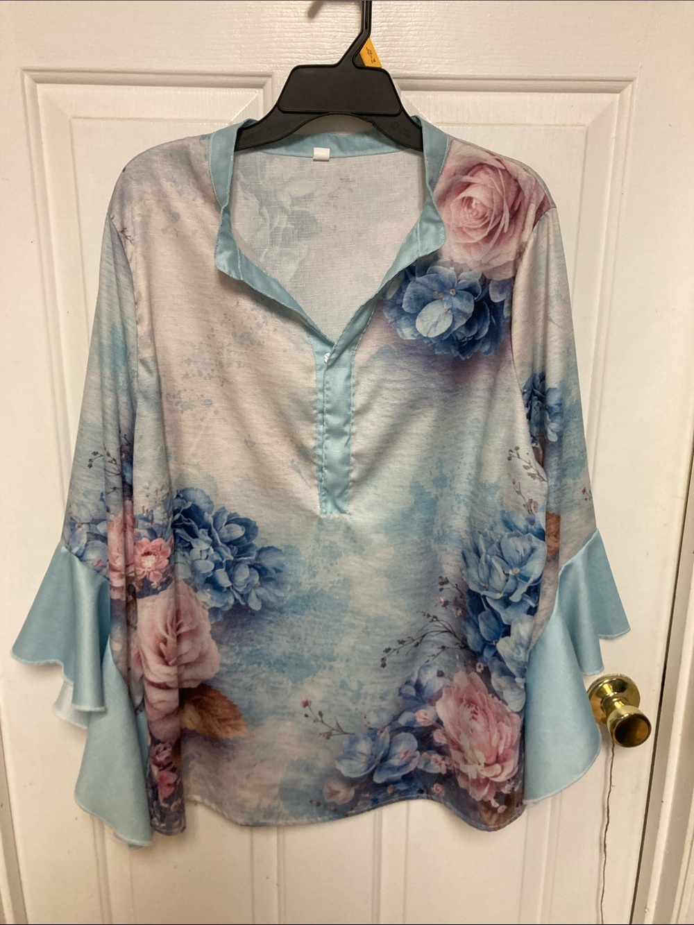 Floral Blue & Pink Blouse with Ruffle Sleeves